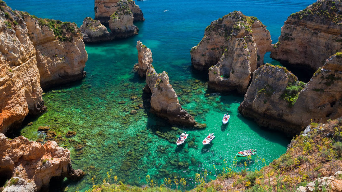 blue-green water and rocks